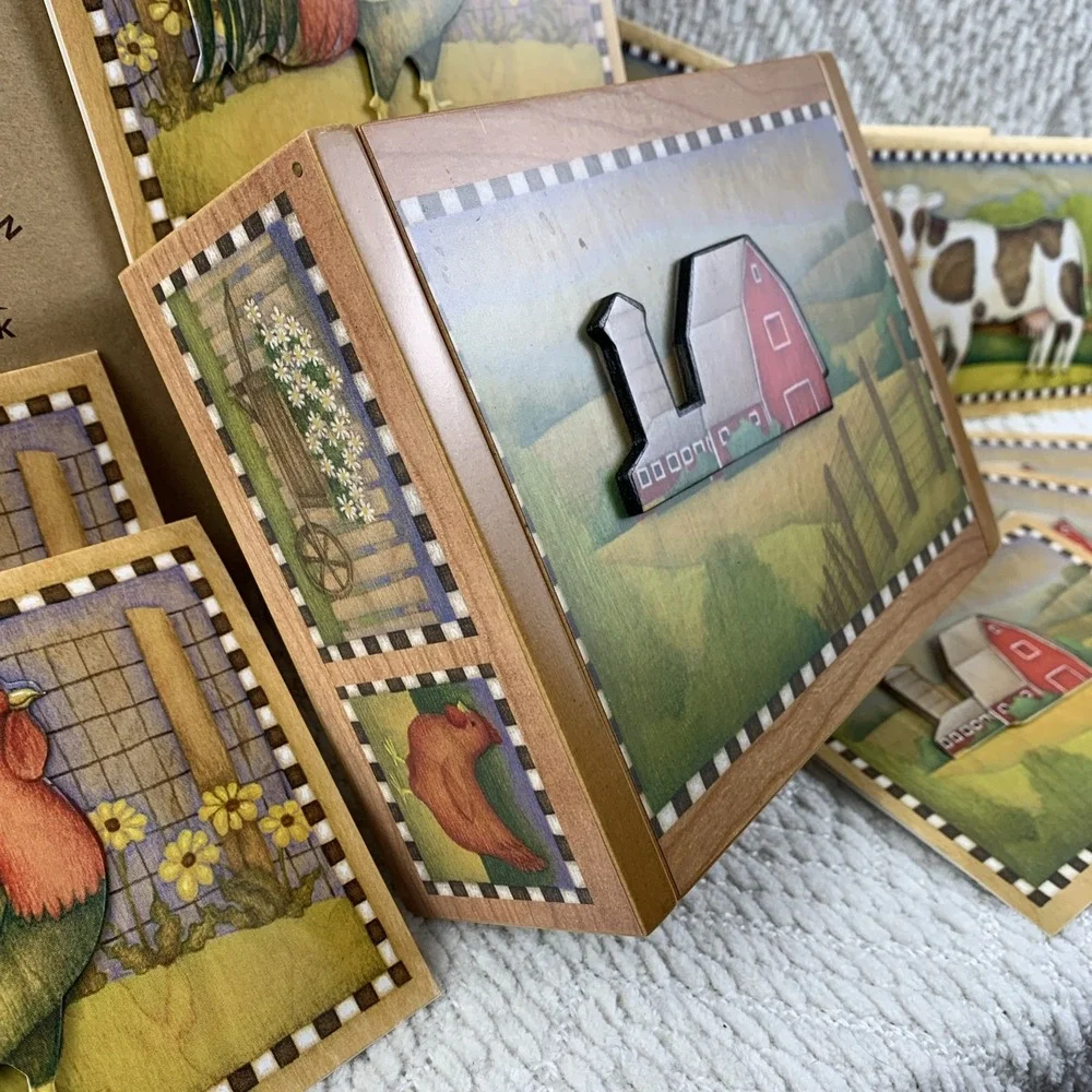 VTG 2003‎ BETH LOGAN Wooden Box With 3D Notecards Farm Cow Barn Rooster Daisies